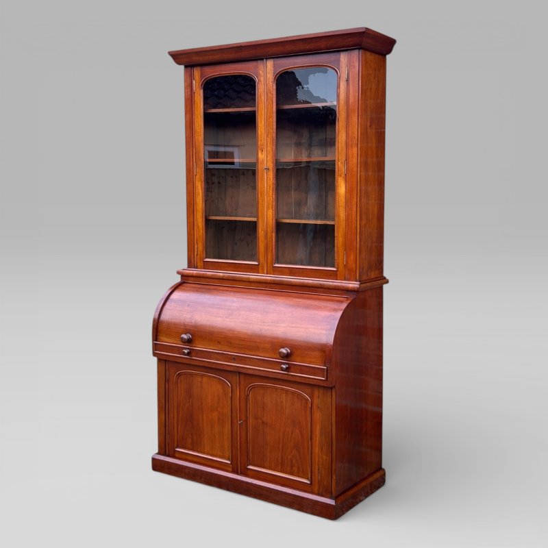 Antique Victorian Walnut Cylinder Bureau Bookcase With Writing Desk & Cupboard - Image 2